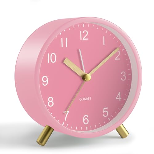 JALL Analog Alarm Clock, 4 inch Super Silent Non Ticking Small Clock with Night Light, Battery Operated, Simple Design, Easy Setting for Office, Bedroom, Bedside, Desk, Teens, Elders, Adult, Pink - color: Pink+gold