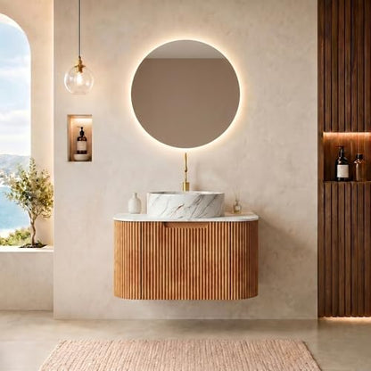 24” Floating Bathroom Vanity with Sink, Fluted Wall-Mounted Solid Wood Cabinet, Marble-Pattern Ceramic Round Basin, Faux Marble Top, Soft-Close Drawer, Pre-Assembled, Natural Woodgrain - color: 01 - Natural Woodgrain, size: 24"