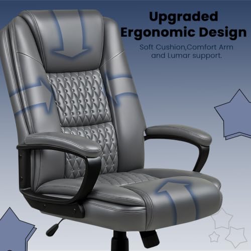 Leather Office Desk Chair,Ergonomic Office Chair with Lumbar Support,Computer Chair,Executive Leather Chair with Padded Flip-up Arm,Adjustable Armrests, Black,275LBS - color: Grey