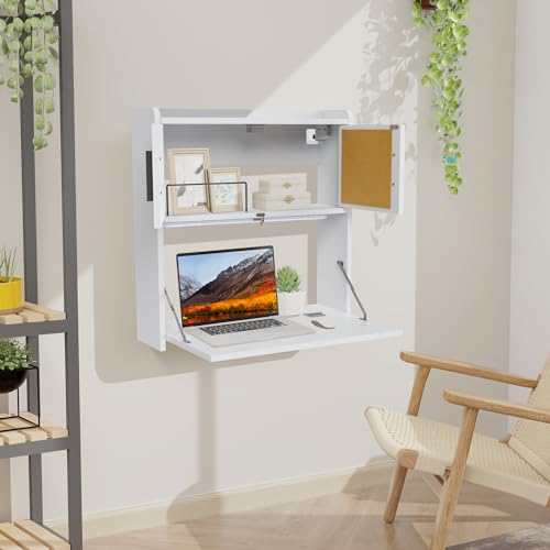 ARTETHYS Wall Mounted Desk Folding with Light Drop Down Hanging Desk | Multifunctional Fold Down Laptop Computer Table, Writing Workstation with Storage Compartments, Space Saving for Home - color: White