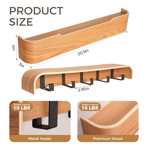 Coat Rack Wall Mount with Shelf Entryway Shelf Modern Key Holder Hanger Wall Shelves with Hidden Hooks for Hanging Towels Coats Hats Bags for Hallway Bathroom Bedroom (Oak, 5 Hooks) - color: Oak, size: 5 hooks