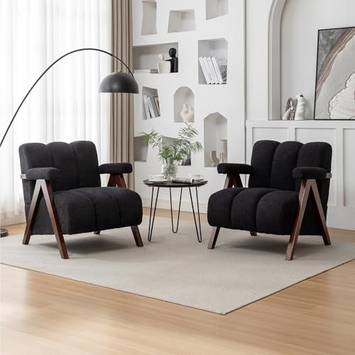 Mid Century Modern Accent Chairs Set of 2 with Solid Wood Frame, Boucle Upholstered Living Room Chairs with Thick Cushion, Comfy Tufted Arm Chair for Bedroom, Black - color: Black, size: 1-seater, 2-piece set