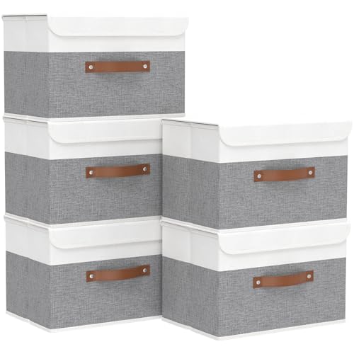 Yawinhe Storage Bins with Lids,White/Grey,17.7x11.8x11.8in,5-Pack | Fabric Container with Leather Handle,Washable Home Basket, Clothes Blanket Storage Boxes,Collapsible Closet Organizer - color: White/Grey, size: XL/(5 Pack)
