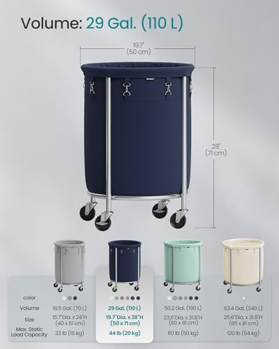 SONGMICS 29-Gallon (110 L) Laundry Basket with Wheels, Rolling Round Heavy-Duty Laundry Hamper Cart with Steel Frame and Removable Bag, 2 Locking Wheels, Charcoal Blue and Metallic Silver URLS002Q01 - color: Charcoal Blue + Metallic Silver, size: 110 L (1