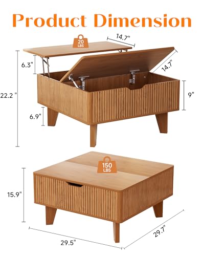 Fluted Lift Top Coffee Table with Storage, Wood Square Flip-Top Mid Century Modern Center Table for Living Room with Hidden Compartment, Walnut - color: Walnut-square (Flip Top)