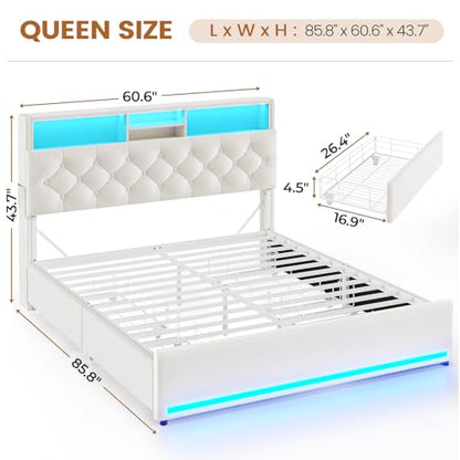 Queen Bed Frame with 4 Drawers & Storage Headboard, Lights, Cream | LED Bed Frame Queen Size with Charging Station, 5 Shelves, Velvet Upholstered Bed with Metal Slats, No Box Spring Needed - color: Creamy White-velvet, size: Queen