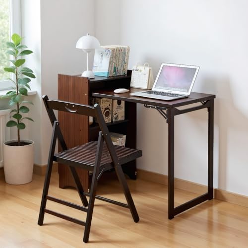 Walnut Foldable Office Desk, Fold Out Convertible Hidden Computer Desk with Storage Shelves, Multi-Function Folding Murphy Writing Table for for Small Spaces, Home Office - color: Walnut