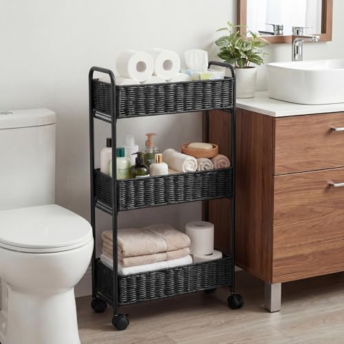 Utility Slim Storage Cart,3-Tier Rolling Kitchen Office Laundry Room Cart,Mobile Shelving Unit Organizer for Living Room Bathroom Baby Diaper Narrow Places (Black, 3 Tiers-7.1 inch (W)) - color: Black