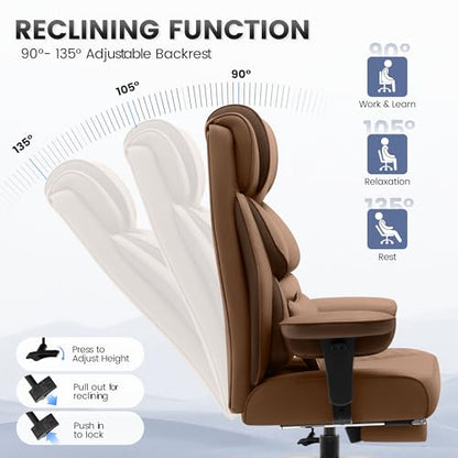 BestGlory Office Desk Chair, Big and Tall Leather Gaming Chair with Footrest, Ergonomic Comfy Executive High-Back Reclining Computer Chairs, Wide Swivel Rolling Wheels and Padded Lumbar Support, Khaki - color: Khaki, style: 3 Position Reclining