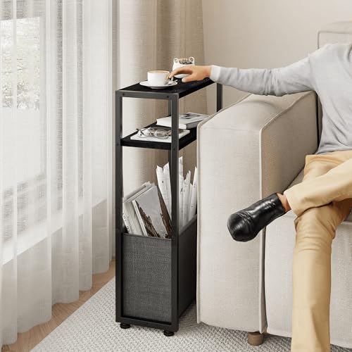 Leomonio Narrow Side Table, Slim End Tables with Fabric Basket, Skinny Table for Small Spaces, Thin Bedside Table for Living Room, Bedroom (1, Ebony Black + Slate Gray) - color: Ebony Black + Slate Gray