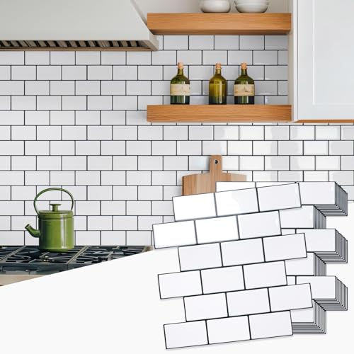 STICKGOO Subway Tile Peel and Stick Backsplash, Thicker Design 12" x 12" Stick on Backsplash Tiles for Kitchen, Bathroom, Wall Tile (10 Sheets, Cold White with Black Grout) - color: Cold White With Black Grout