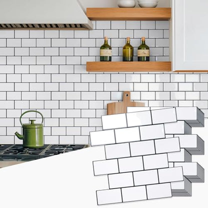 STICKGOO Subway Tile Peel and Stick Backsplash, Thicker Design 12" x 12" Stick on Backsplash Tiles for Kitchen, Bathroom, Wall Tile (10 Sheets, Cold White with Black Grout) - color: Cold White With Black Grout