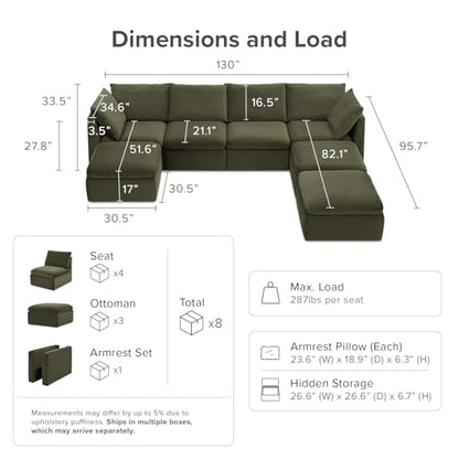 mopio Oversized Modular Sectional Sofa with Fully Removable Covers and Storage, Convertible U, L-Shaped and Sleeper Sectional, Modern Couches with Ottoman Chaise (Olive Green Velvet, 7 Seats, U) - color: [Gen 2] Olive Green Velvet, size: 7 Seats, U