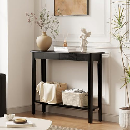 AQIMUELE Wood Console Table with Drawers, Mid Century Modern Console Table Black for Entryway, Living Room, Hall Way. - color: Black