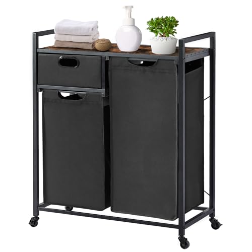 Zevemomo Large Rustic Brown & Black Laundry Basket with Wheels, 3 Compartments, 60L Capacity, Floor Mount, Laundry Room & Bathroom