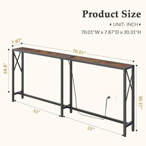 Gewudraw 70" Sofa Table Behind Couch with Oulets-Narrow Console Table,Brown | Industrial Style, Long Skinny Design,Couch Table For Hallway,Living Room,Bedroom, Built-In Power Outlets & USB, 172cm Length - color: Rustic Brown, size: 70 in