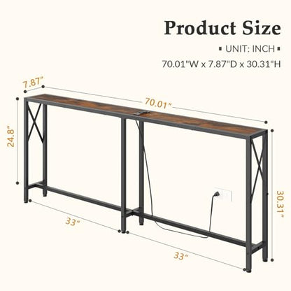 Gewudraw 70" Sofa Table Behind Couch with Oulets-Narrow Console Table,Brown | Industrial Style, Long Skinny Design,Couch Table For Hallway,Living Room,Bedroom, Built-In Power Outlets & USB, 172cm Length - color: Rustic Brown, size: 70 in