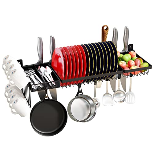 Adjustable Stainless Steel Wall Mounted Over the Sink Dish Drying Rack, Large Capacity Pot Rack Dish Rack with Utensil Holder for Kitchen Storage Organizer Patent Pending (Black) - color: New Design - Over Sink Dish & Pot Rack