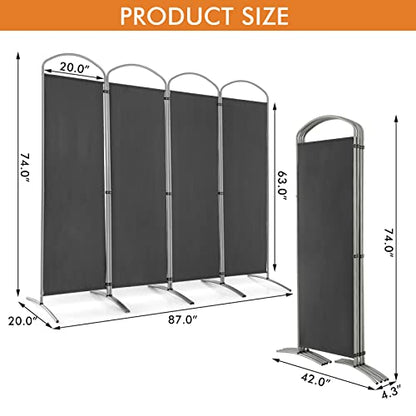Giantex 1.8m(6.2피트) 접이식 4패널 룸 디바이더 그레이 - 221cm(87인치) 너비의 독립형 접이식 패브릭 프라이버시 스크린, 경량 휴대용 파티션 벽 칸막이 및 분리기, 홈 오피스, 아파트, 스튜디오용 - color: 회색., size: 4-Panel
