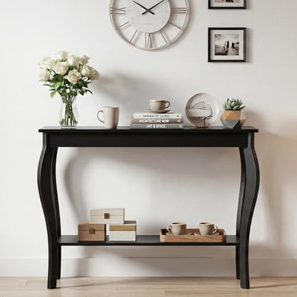 ChooChoo 39" Narrow Entryway Table with Storage Shelf, Black | Console Table with Curved Legs, Chic Accent Sofa Table with Shelves for Entryway, Living Room, Hallway - color: Black