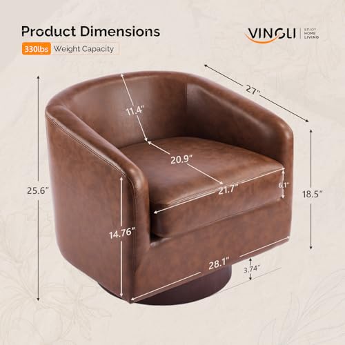 VINGLI 360°Swivel Accent Chairs Set of 2 with Engineered Wood Base and Removable Cushion for Living Room, Bedroom, Curved Back Barrel Chairs for Small Space, Upholstered Bucket Armchairs, Pu-Brown - color: Pu-brown