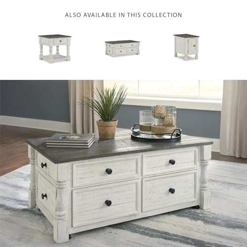 Signature Design by Ashley Havalance Lift-Top Coffee Table with Storage | Pine wood, Pine veneer and engineered wood, Two-tone distressed finish, 4 storage drawers, Casters, White and gray