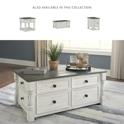 Signature Design by Ashley Havalance Lift-Top Coffee Table with Storage | Pine wood, Pine veneer and engineered wood, Two-tone distressed finish, 4 storage drawers, Casters, White and gray