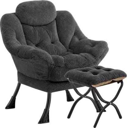 Lazy Chair with Folding Ottoman,Leisure Sofa Chair,Soft Fabric Armchair with Armrests and Side Pockets, Reading Chair with Footrest for Living Room, Bedroom, Office (Plush Dark Grey) - color: Plush Dark Grey