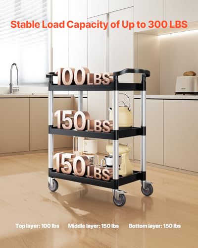 VEVOR Utility Cart, 300 lbs Load Capacity, 3-Tier Utility Plastic Cart with 360° Swivel Wheels (2 with Brakes), 24.4 x 16.1-inch Food Service Cart for Warehouse, Office, Home, Restaurant, Kitchen | Utility Cart Equipped with Brake Casters, Multi-Purpose S