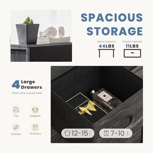 DUMOS Nightstand, Bedside Table with 4 Fabric Drawers | Night Stand with Removable Bins, Steel Frame Wood Top, Small Dresser for Bedroom Closet - color: Black, size: 11.8"D x 17.7"W x 37.4"H (4 Drawers)