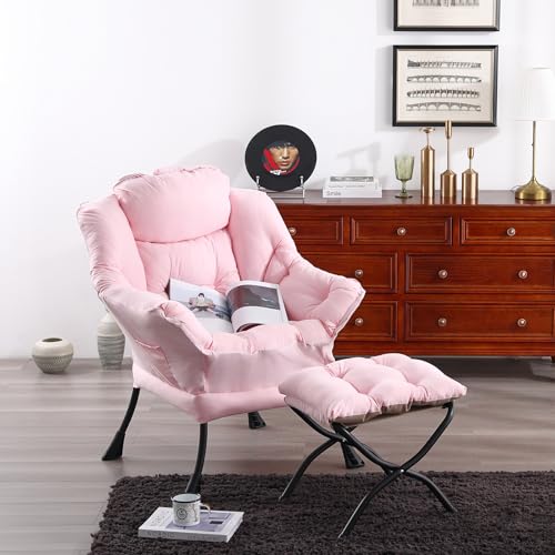 Welnow Lazy Chair with Ottoman, Reading Chair with Footrest，Pink | A Side Pocket,Armrests,Foldable Footrest,Thick Cushioned Seat & Backrest, Lounge Chair for Bedroom,Living Room & Small Space - color: Pink