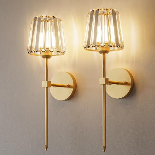 Crystal Battery Operated Wall Sconces Set of 2, Gold Rechargeable Wireless Wall Sconce Lights with Crystal Lampshade, 12 RGB and 3CCT Dimmable Wall Lamps with Remote for Bedroom Living Room Hallway - color: Gold