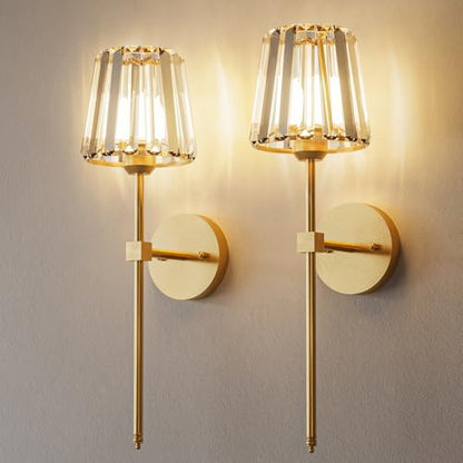 Crystal Battery Operated Wall Sconces Set of 2, Gold Rechargeable Wireless Wall Sconce Lights with Crystal Lampshade, 12 RGB and 3CCT Dimmable Wall Lamps with Remote for Bedroom Living Room Hallway - color: Gold