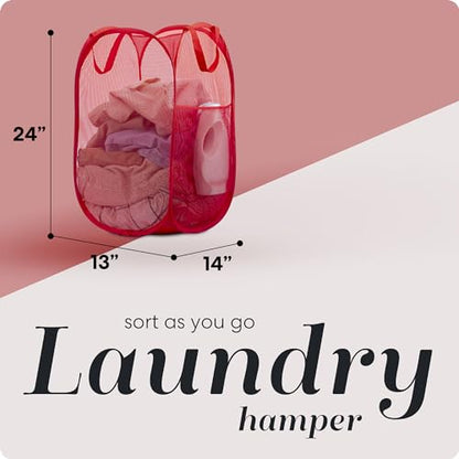 Handy Laundry Collapsible Mesh Pop Up Laundry Hamper 2-Pack – Space-Saving, Breathable Basket with Wide Opening & Side Pocket, Durable & Foldable for Clothes, Storage, Travel, Dorm, Red - color: Red, 2-PACK