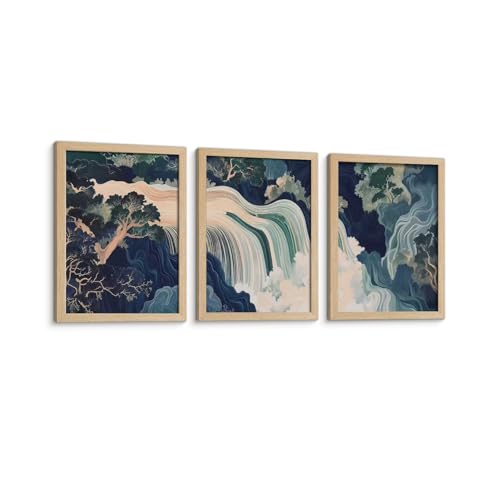 3Pcs Framed Canvas Murals Japanese Modern Landscape Blue-Green Mountain And Water Abstract Nature Posters Art Gallery Living Room Office Home Wall 16x24 Inches Ready To Hang - color: Japanese-1, size: 16x24 Inch
