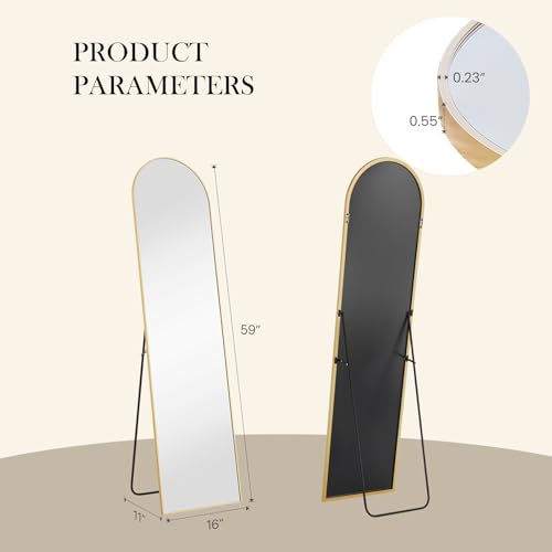 NEWBULIG Arched Full Length Floor Mirror 16"x59", Body Standing Mirror | Wall Hanging or Leaning, Shatter-Proof Glass, Aluminum Alloy Frame with Stand, Home Decor Bedroom, Gold - color: Gold-arched, size: 59"L x 16"W