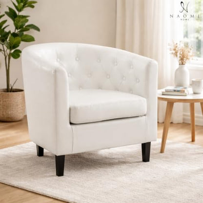 Naomi Home Emma Faux Leather Barrel Accent Chair – Modern Tufted Faux Leather Armchair with Wooden Legs, Wide Seat, Enhanced Back Support for Living Room Décor | Solid wood frame, sturdy legs and easy-clean faux leather create lasting comfort for living r