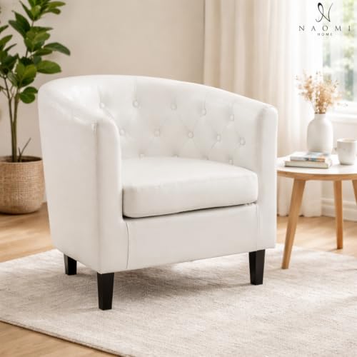 Naomi Home Emma Faux Leather Barrel Accent Chair – Modern Tufted Faux Leather Armchair with Wooden Legs, Wide Seat, Enhanced Back Support for Living Room Décor | Solid wood frame, sturdy legs and easy-clean faux leather create lasting comfort for living r