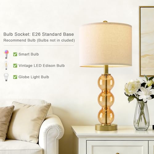 25" Amber Glass Table Lamps for Living Room, Glass Modern Table Lamp Set of 2, USB Charging Ports, Linen Shade, Bedside Lamps for Bedroom, Nightstand, Side Table (Bulbs not Included) - color: Amber