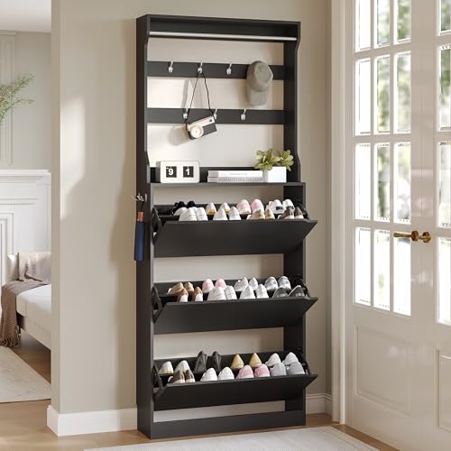Tall Shoe Cabinet with Coat Rack, Hidden Shoe Storage Cabinet with Doors & Drawer, Hanging Bar & Hooks, Slim Narrow Freestanding Shoe Rack Organizer for Entryway, Hallway & Living Room, Black - color: Black, style: Tall 3 Drawers