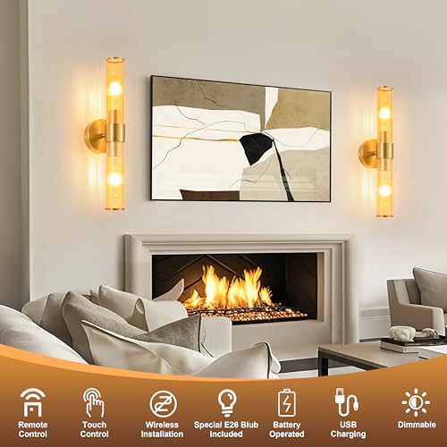 Morauroral Gold Battery Operated Wall Sconces Set of 2, Rechargeable Wall Lights with Remote Control, 20 Inch Modern Wireless Wall Lamp for Bedroom, Living Room with Amber Shade (Bulbs Included) - color: Gold（Amber Glass）