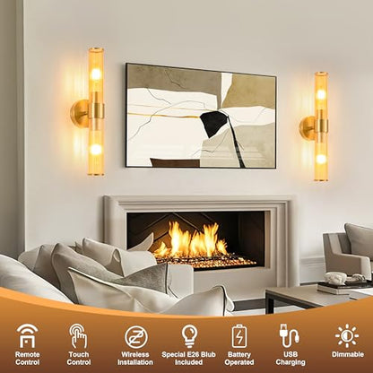 Morauroral Gold Battery Operated Wall Sconces Set of 2, Rechargeable Wall Lights with Remote Control, 20 Inch Modern Wireless Wall Lamp for Bedroom, Living Room with Amber Shade (Bulbs Included) - color: Gold（Amber Glass）