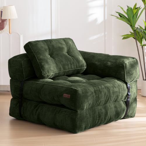 MAXYOYO Folding Sofa Bed, Convertible Chair Bed with Pillow | L-Shaped Floor Sofa with Armrest and Pillow, Foldable Portable Fold Out Comfy Chair Bed for Living Room Bedroom, Dark Green - color: Dark Green