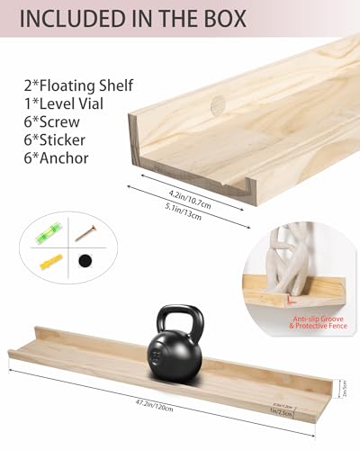 MBYD 48 Inch Natural Pine Wood Floating Shelves, 5.1 Inch Wide Picture Ledge Set of 2, Wall Mount Unfinished Can be Stained Nursery Book Shelves for Kids Bedroom Living Room Bathroom Kitchen - color: Natural, size: Set of 2 48in