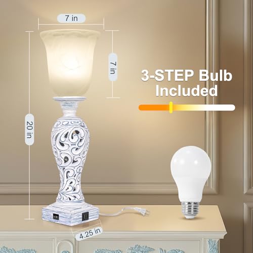 3-Way Dimmable Table Lamp with 2 USB Charging Ports, Washed Blue Finish | 20" Desk Lamp, Uplight, White Alabaster Glass Shade, Rustic Farmhouse Nightstand Light for Living Room Entryway or Office - color: Washed Blue-1 PCS