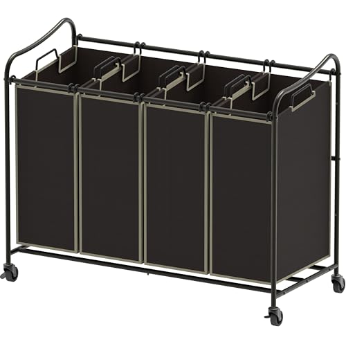 Simple Houseware 4-Bag Heavy Duty Laundry Sorter Rolling Cart, Brown | Removable Bags and Lockable Wheels for Laundry Room Organization - color: Bronze