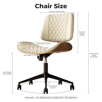 Armless Desk Chair with Wheels, PU Leather Rolling Office Chair, Adjustable Height Mid Back Computer Chair, Ergonomic Walnut Curved Seat, 360° Swivel Home Office Chair for Small Spaces (Half-Whtie) - color: Half-whtie