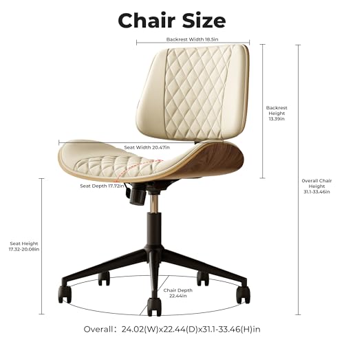 Armless Desk Chair with Wheels, PU Leather Rolling Office Chair, Adjustable Height Mid Back Computer Chair, Ergonomic Walnut Curved Seat, 360° Swivel Home Office Chair for Small Spaces (Half-Whtie) - color: Half-whtie