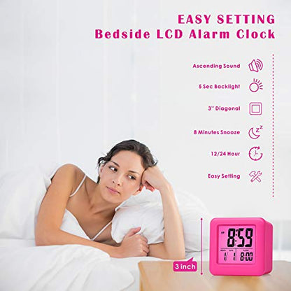 Plumeet Digital Kids Alarm Clock with Snooze and Nightlight - Easy Setting Silicone Clock Display Time, Date - Loud for Bedroom - Battery Powered (Pink) - color: Hot Pink