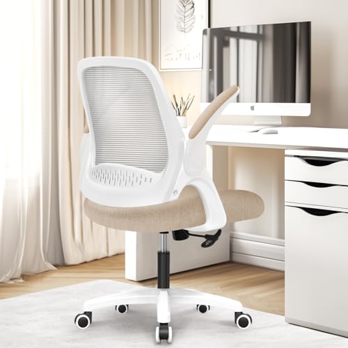 NEO CHAIR Office Desk Chair, Ergonomic Mesh with Flip-Up Armrests, Beige | Lumbar Support, Height Adjustment, 360° Swivel and Rolling Base, Space-Saving Design for Home Office, Vanity or Study - color: Beige